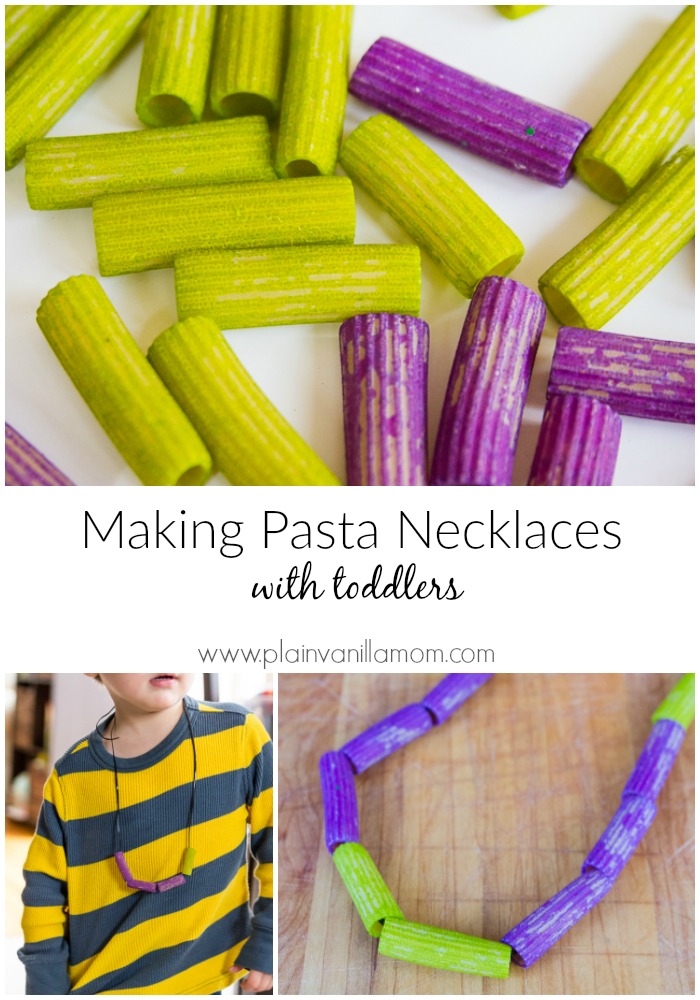 There are some good tips for Making Pasta Necklaces with Toddlers here
