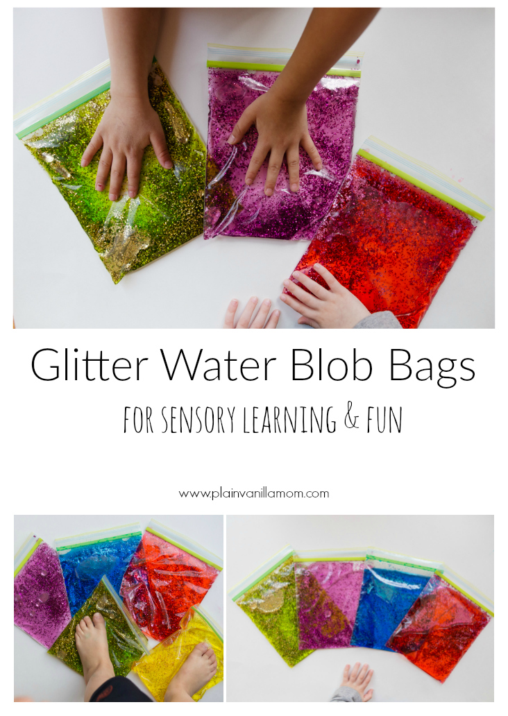 Glitter Water filled Blob Bags Sensory Bags. Who would have thought you could have this much fun with a plastic bag filled with water.