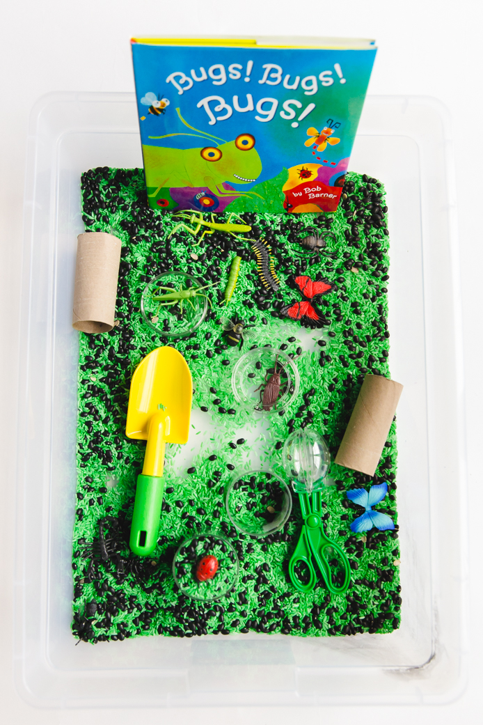 How to put together an insect themed sensory bin and a list of book to pair it with. Perfect fun & learning for toddlers and preschoolers.