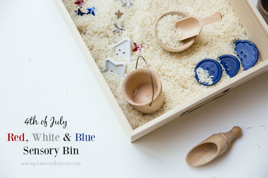 horizontal red white blue sensory bin